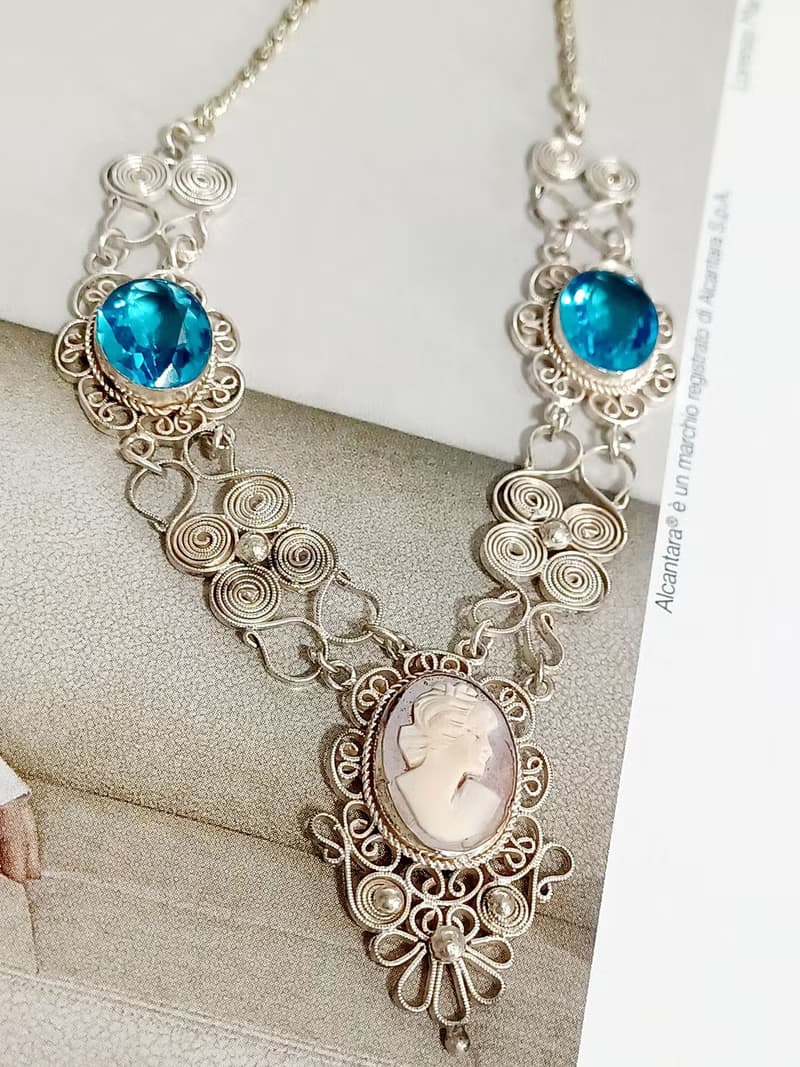 vintage jewelry  古董裝飾藝術海藍萊茵 貝殼浮雕 銀質 項鍊