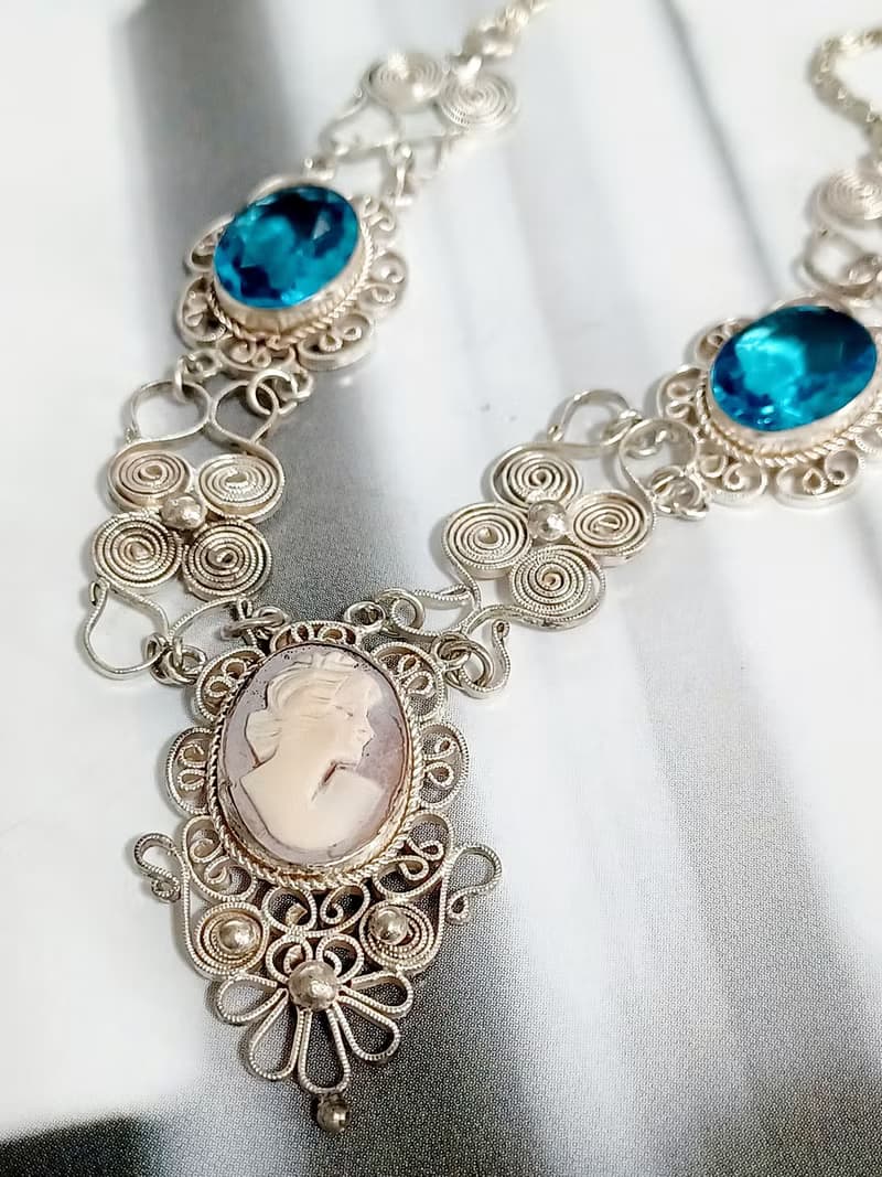 vintage jewelry  古董裝飾藝術海藍萊茵 貝殼浮雕 銀質 項鍊