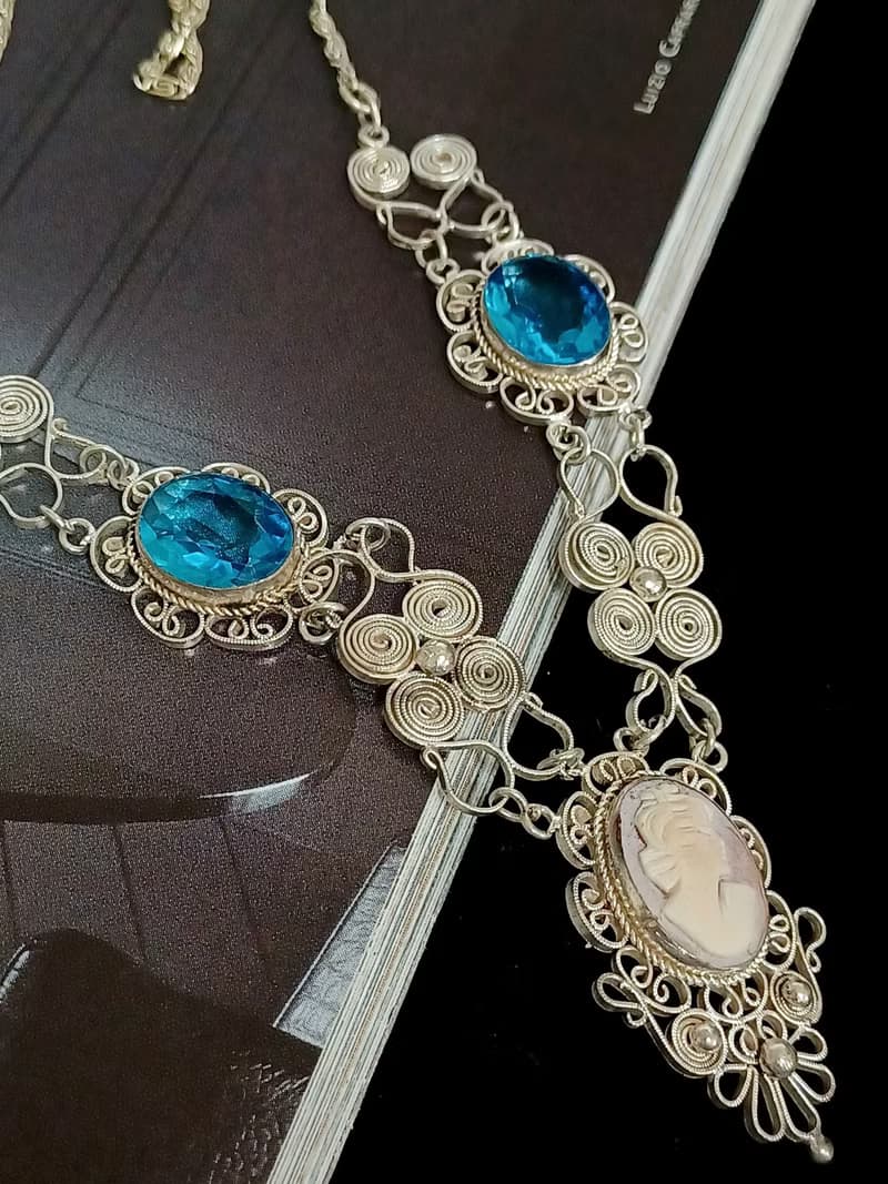 vintage jewelry  古董裝飾藝術海藍萊茵 貝殼浮雕 銀質 項鍊