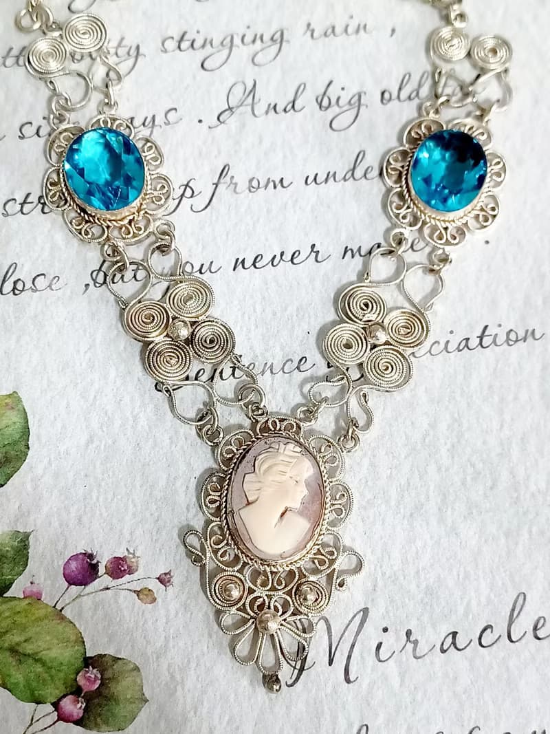 vintage jewelry  古董裝飾藝術海藍萊茵 貝殼浮雕 銀質 項鍊