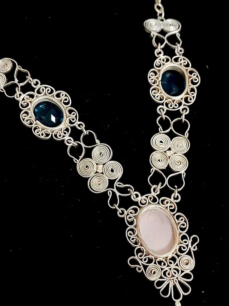 vintage jewelry  古董裝飾藝術海藍萊茵 貝殼浮雕 銀質 項鍊