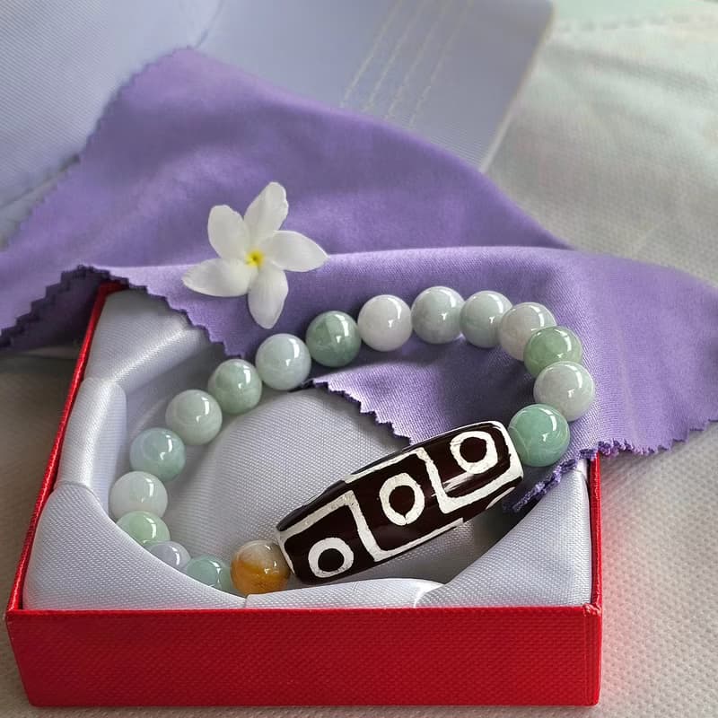 Bracelet, Tibetan Stone, 9 eyes, strung with Burmese jade, real jade, natural jade, Type A, 9.5 mm beads.