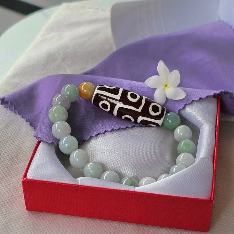 Bracelet, Tibetan Stone, 9 eyes, strung with Burmese jade, real jade, natural jade, Type A, 9.5 mm beads.