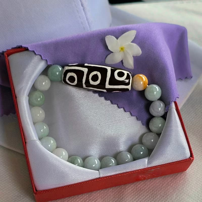 Bracelet, Tibetan Stone, 9 eyes, strung with Burmese jade, real jade, natural jade, Type A, 9.5 mm beads.