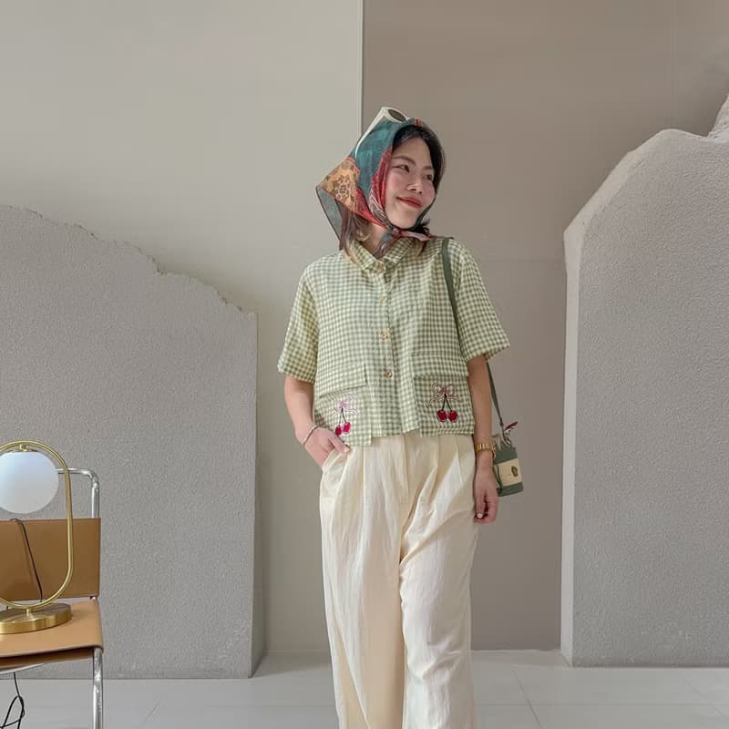 Over Cropped 襯衫 CHERRY 櫻桃 : Green 綠色的