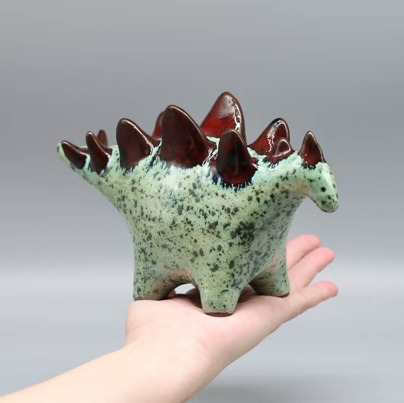 Handmade Ceramic Stegosaurus Sculpture - Mint Green & Red Art Object