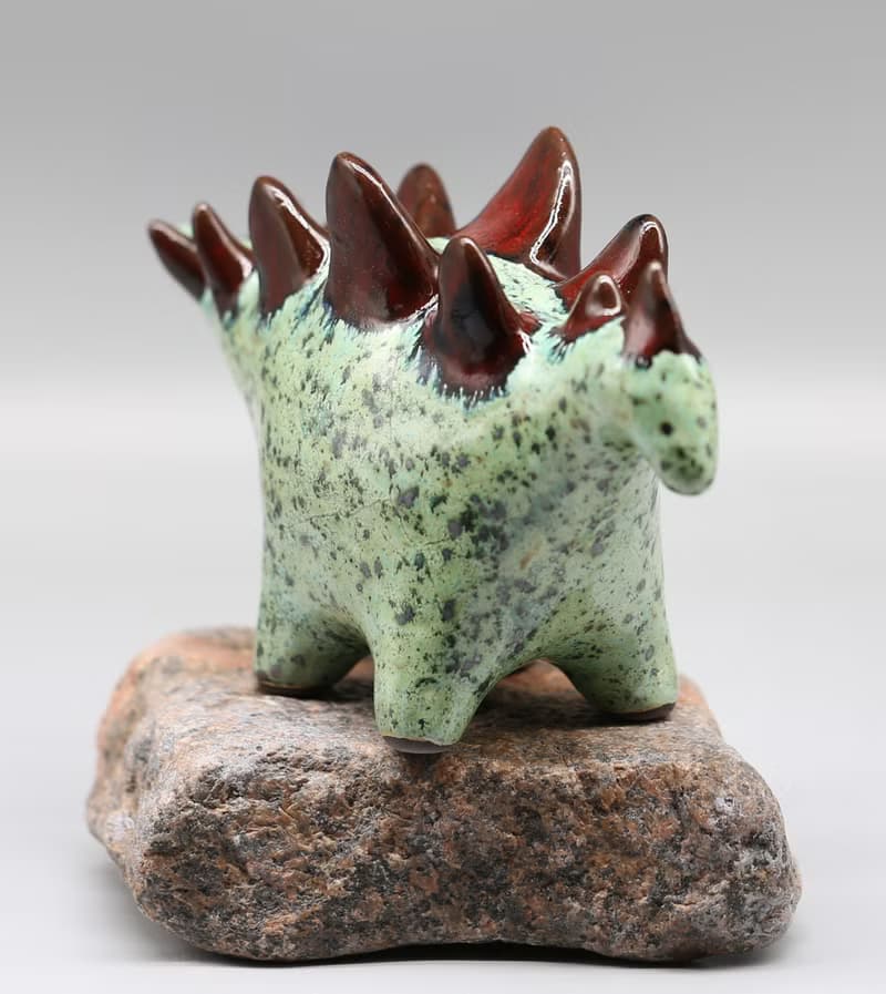 Handmade Ceramic Stegosaurus Sculpture - Mint Green & Red Art Object