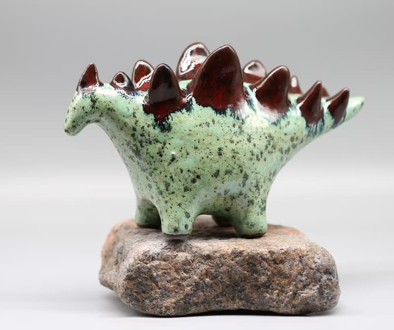 Handmade Ceramic Stegosaurus Sculpture - Mint Green & Red Art Object