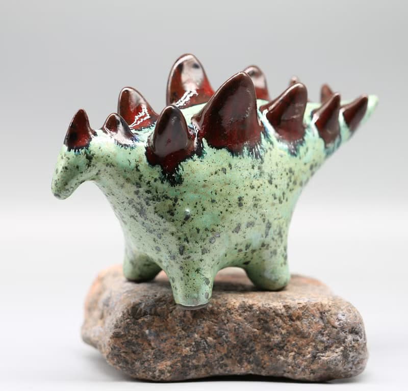 Handmade Ceramic Stegosaurus Sculpture - Mint Green & Red Art Object