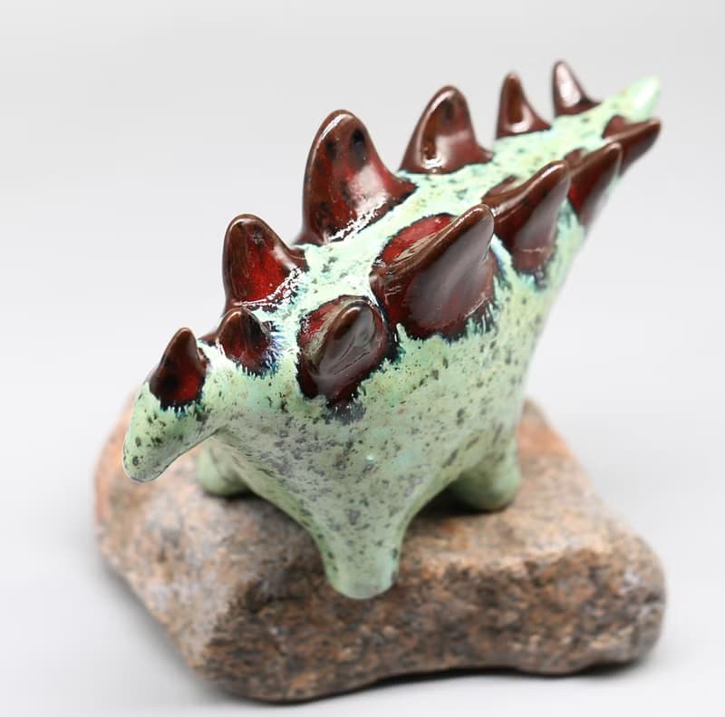 Handmade Ceramic Stegosaurus Sculpture - Mint Green & Red Art Object