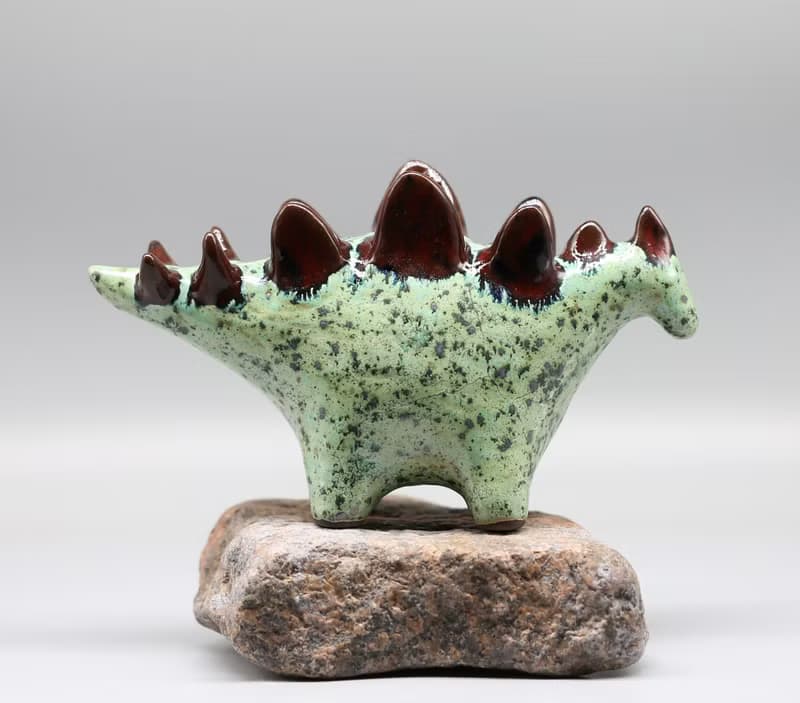 Handmade Ceramic Stegosaurus Sculpture - Mint Green & Red Art Object