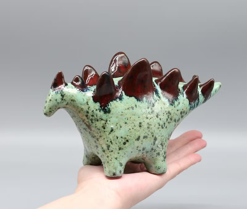 Handmade Ceramic Stegosaurus Sculpture - Mint Green & Red Art Object
