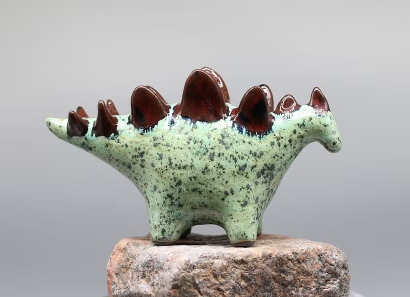 Handmade Ceramic Stegosaurus Sculpture - Mint Green & Red Art Object