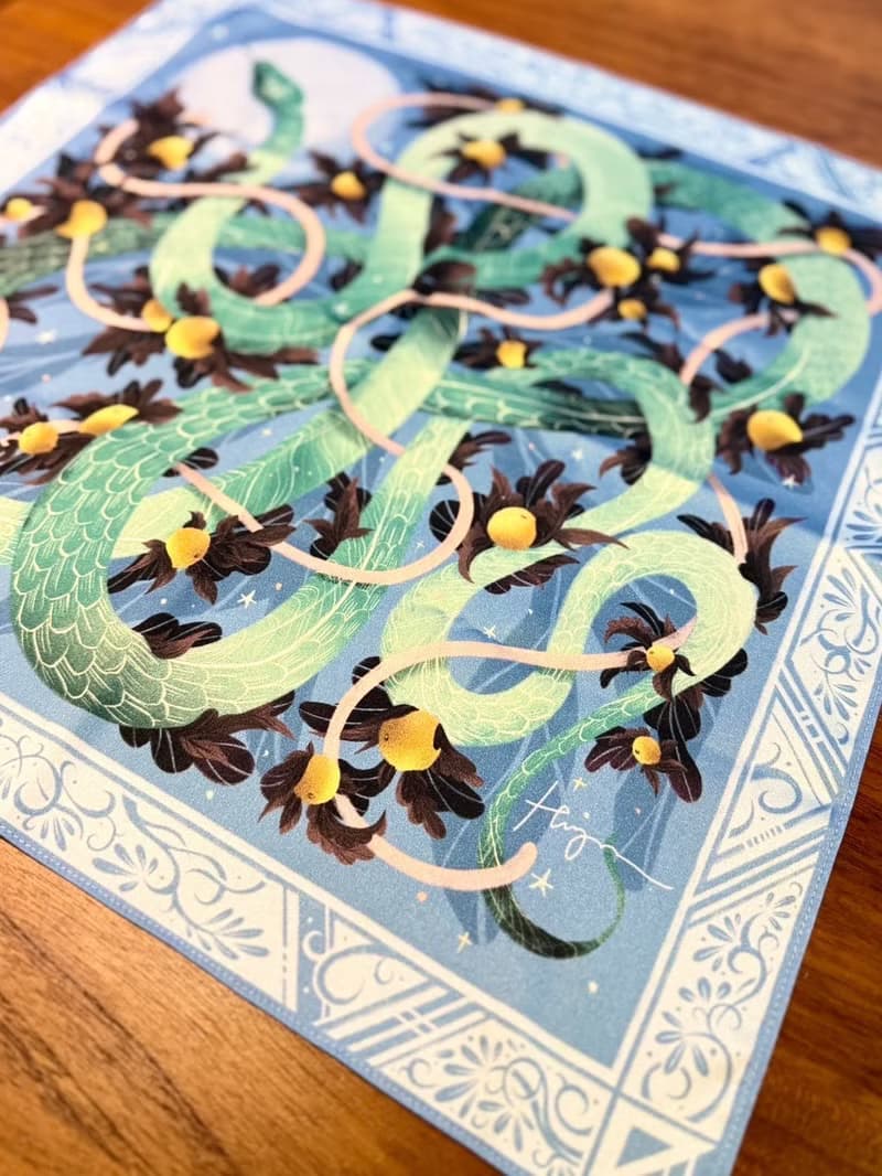插畫博覽會新品-絕版品-日本布料台灣製造—蛇年限定精品印花絲巾