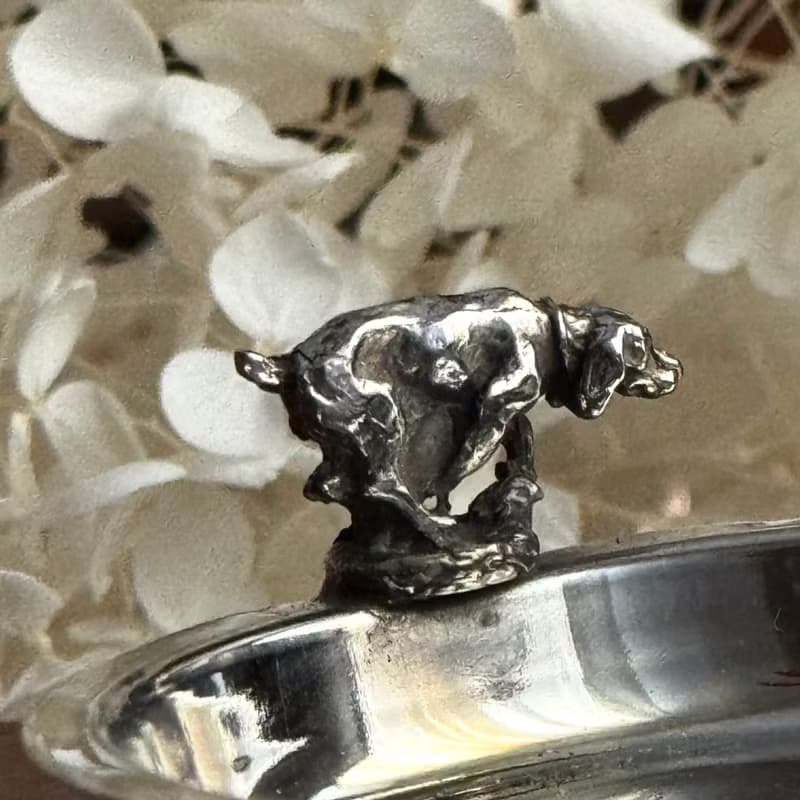 50389-迷人法國古董獵犬雕飾 鍍銀小盤 飾品盤8.3cm