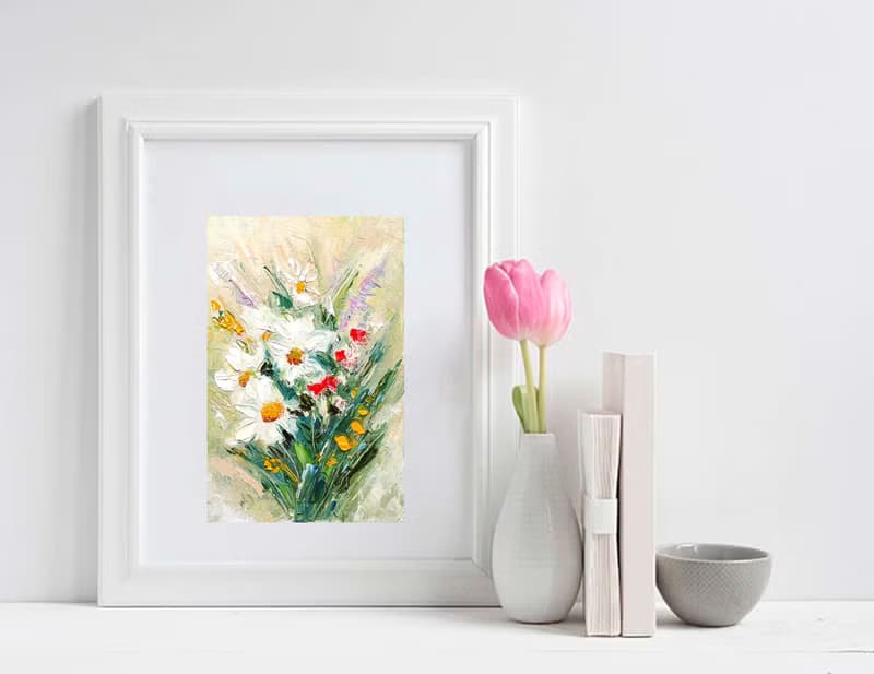 Daisies Bouquet Original Painting Flower Art Floral Impasto Artwork 手工油畫, 油畫原作