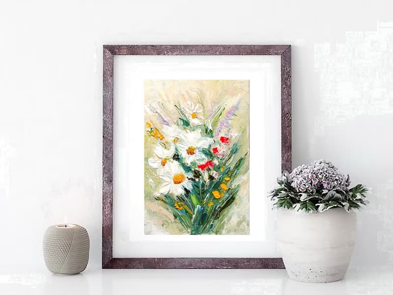 Daisies Bouquet Original Painting Flower Art Floral Impasto Artwork 手工油畫, 油畫原作