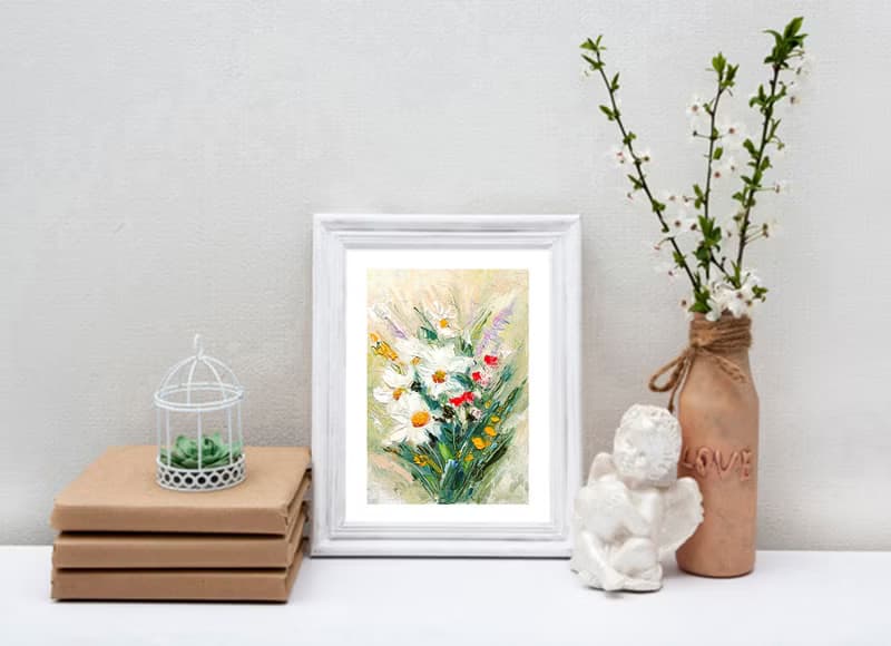 Daisies Bouquet Original Painting Flower Art Floral Impasto Artwork 手工油畫, 油畫原作