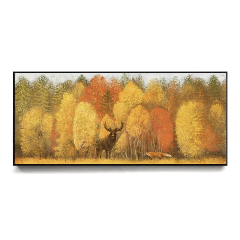 秋林 • 鹿與狐狸 - 秋天森林景色床頭畫/金色客廳擺飾/沙發掛畫