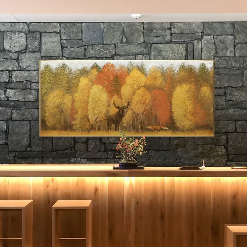 秋林 • 鹿與狐狸 - 秋天森林景色床頭畫/金色客廳擺飾/沙發掛畫