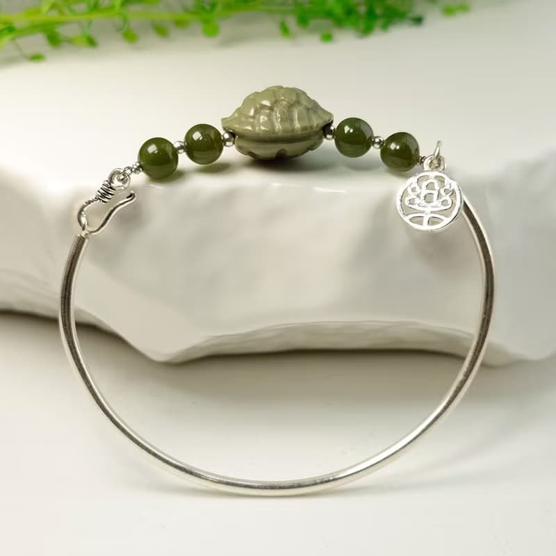 手環 和田玉 碧玉 阿拉善 抹茶色 龜甲 925銀 手鍊