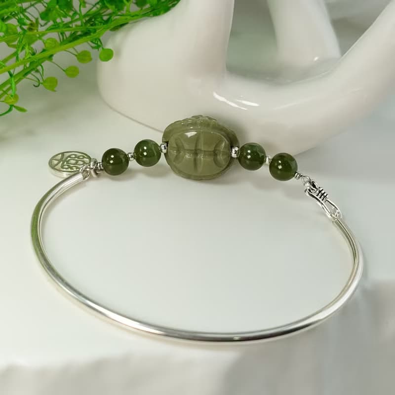 手環 和田玉 碧玉 阿拉善 抹茶色 龜甲 925銀 手鍊