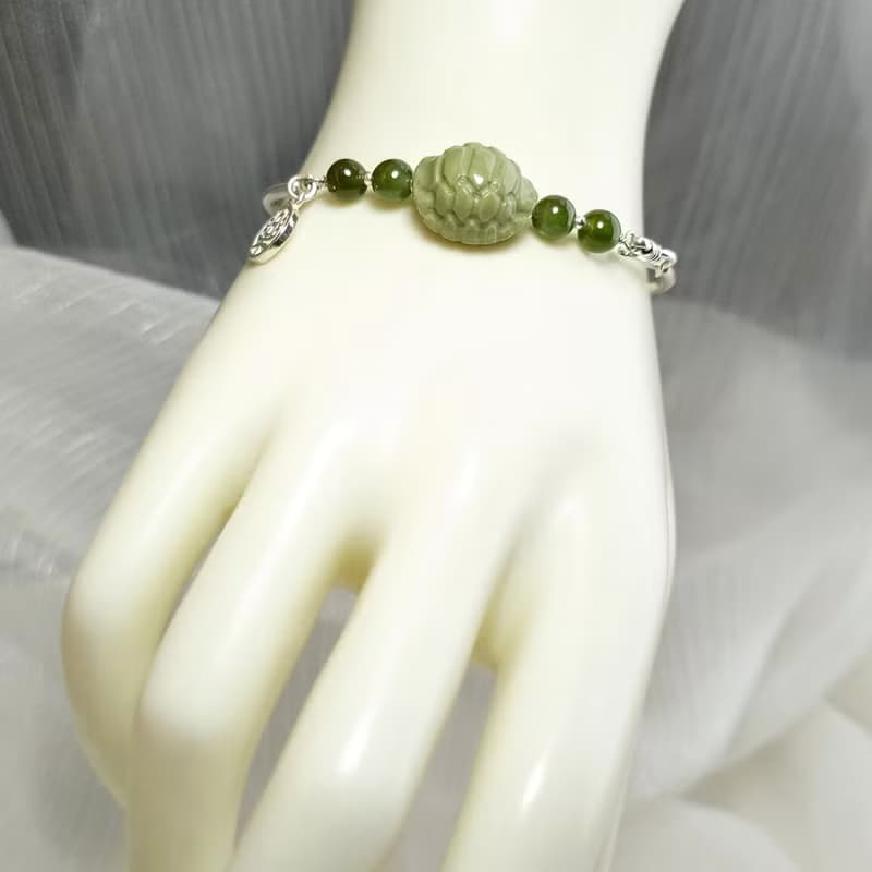 手環 和田玉 碧玉 阿拉善 抹茶色 龜甲 925銀 手鍊