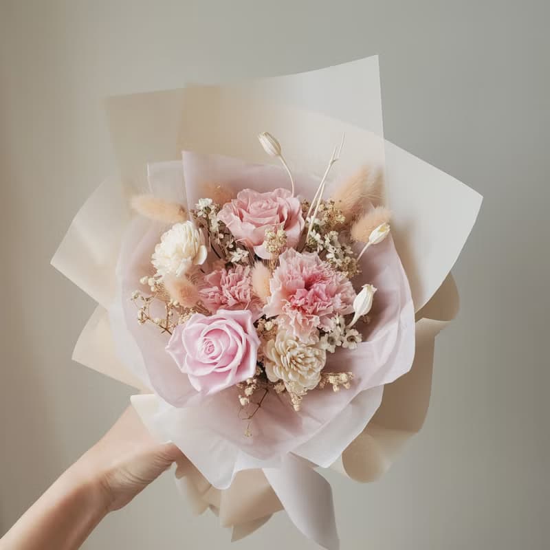 未完待續 | 永生玫瑰康乃馨 母親節 乾燥花 花束(粉白色)-現貨
