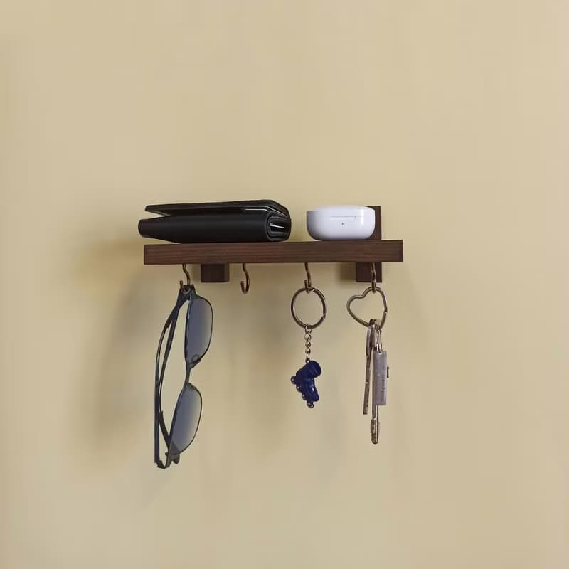 Wooden wall-mounted key holder shelf 20 centimeters, 4 hooks