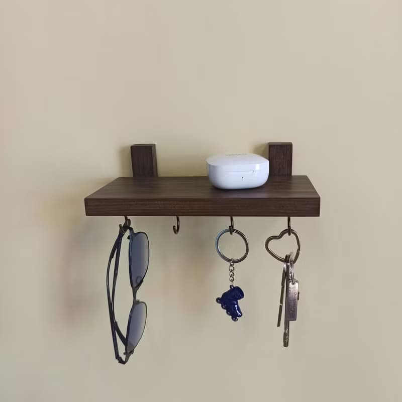 Wooden wall-mounted key holder shelf 20 centimeters, 4 hooks