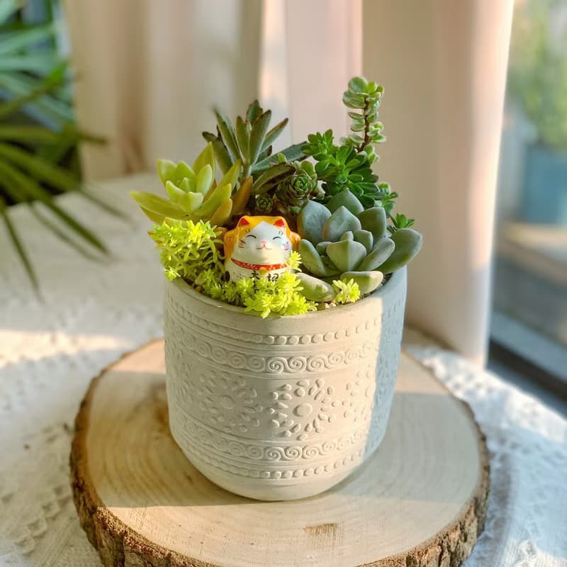 【招財首選】招財貓 水泥多肉組盆-花紋圓柱款12x11.5