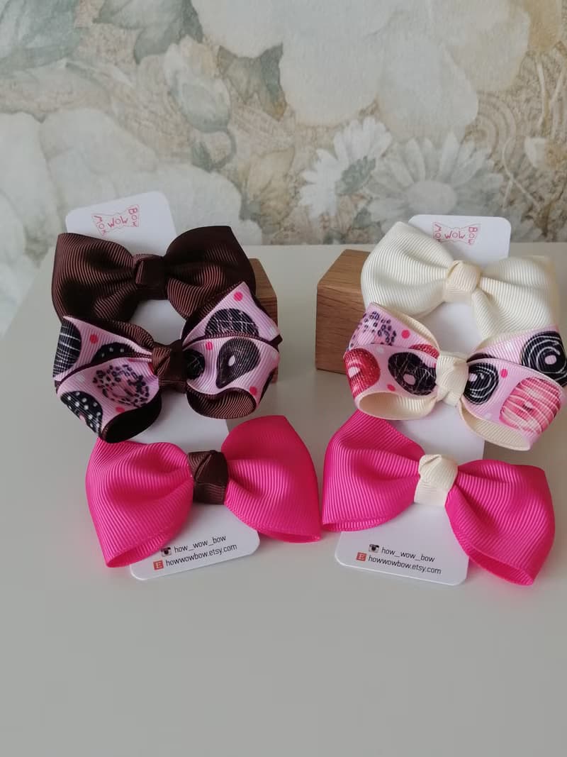 Donut hair bows set of 3 clips for girls, small dogs, Yorkie, Shih Tzu, Maltese