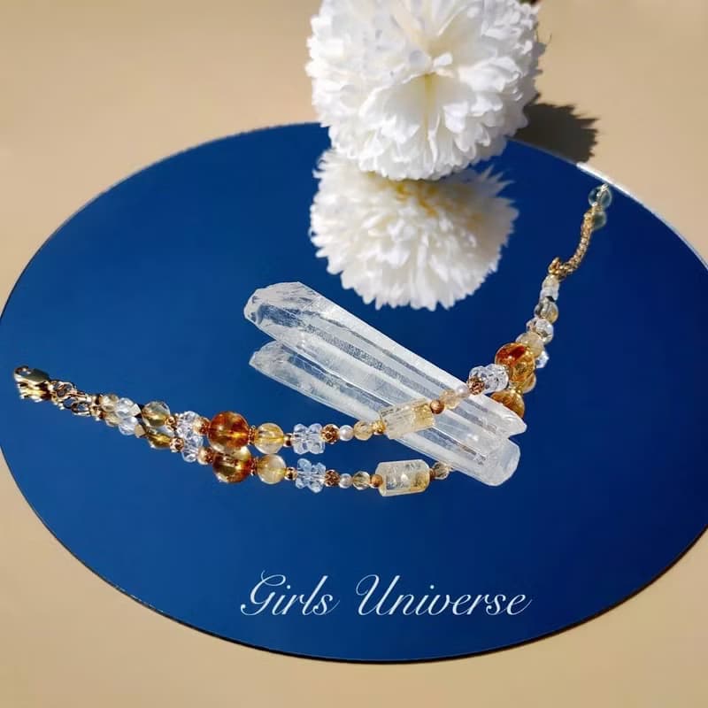 盛夏咖啡館。黃水晶 白水晶 黃髮晶 14K包金 水晶礦石設計手鍊