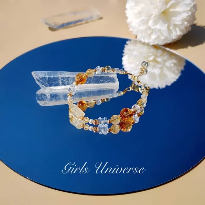 盛夏咖啡館。黃水晶 白水晶 黃髮晶 14K包金 水晶礦石設計手鍊