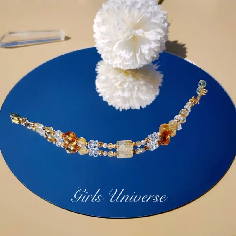 盛夏咖啡館。黃水晶 白水晶 黃髮晶 14K包金 水晶礦石設計手鍊