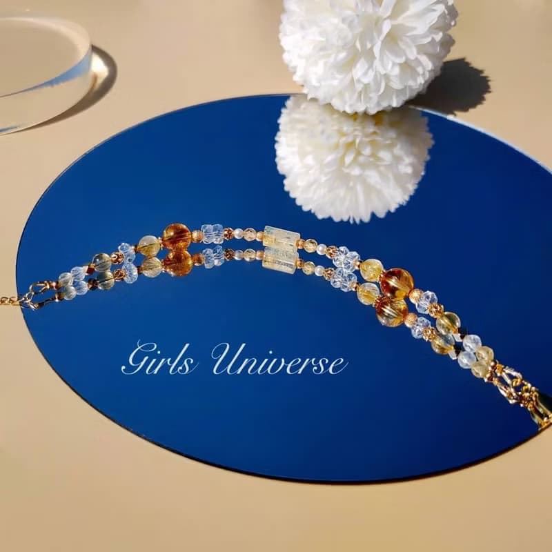 盛夏咖啡館。黃水晶 白水晶 黃髮晶 14K包金 水晶礦石設計手鍊