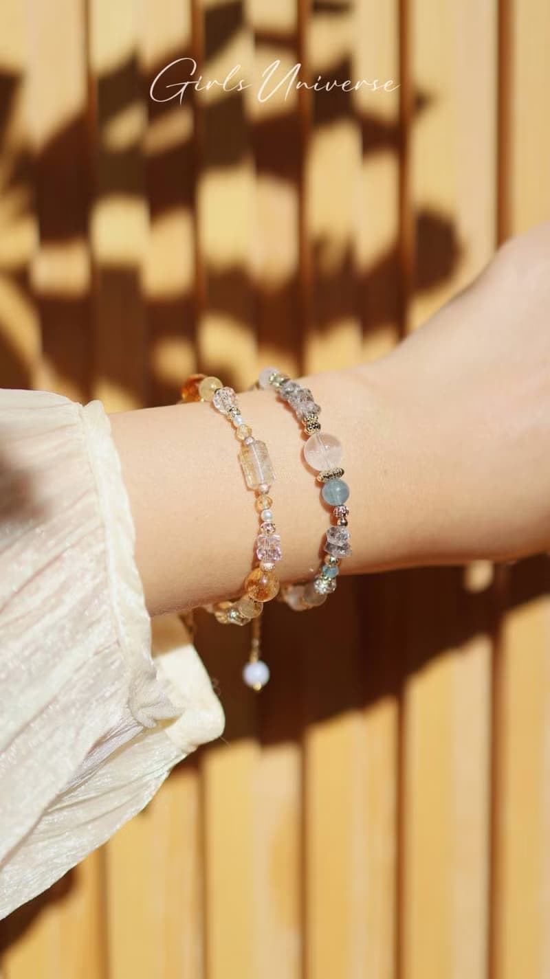 盛夏咖啡館。黃水晶 白水晶 黃髮晶 14K包金 水晶礦石設計手鍊