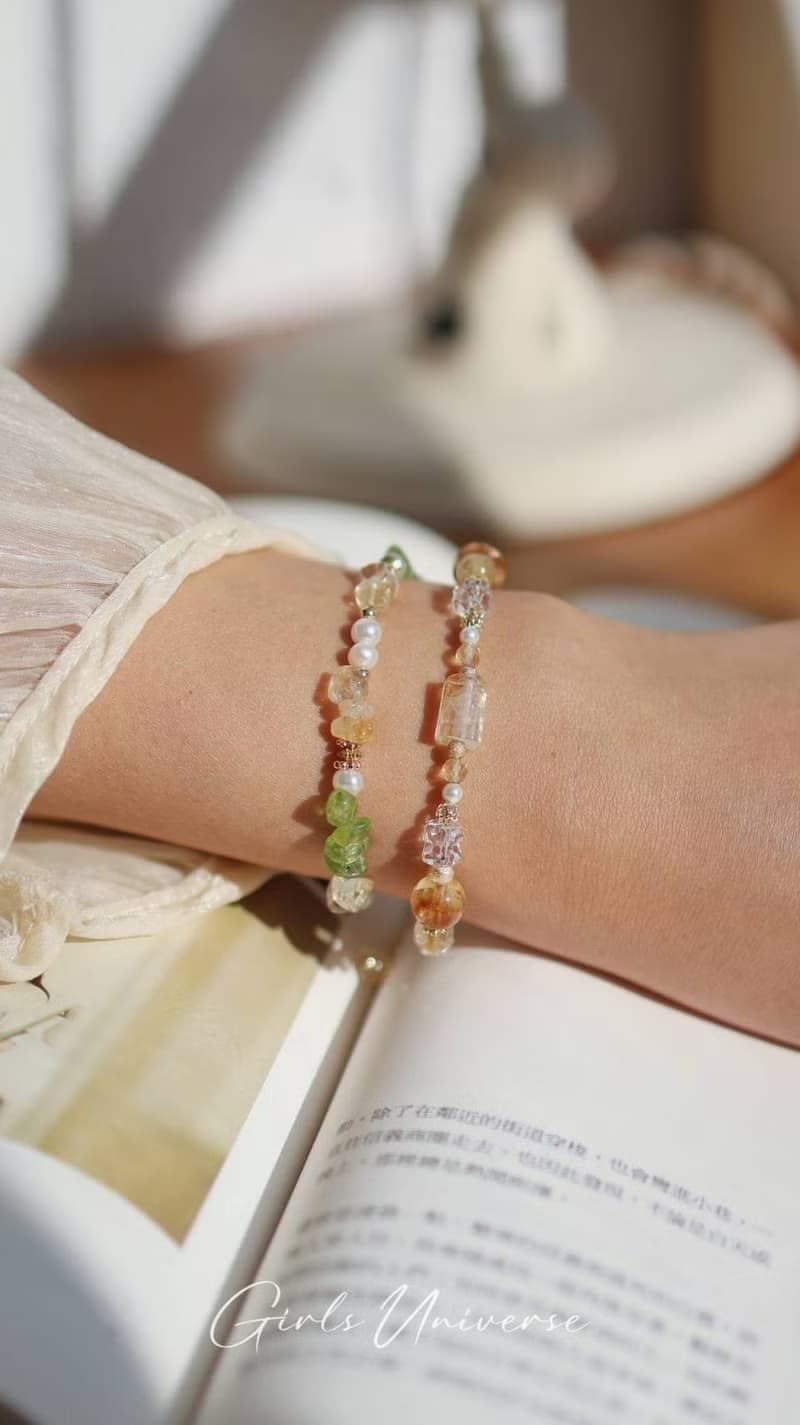 盛夏咖啡館。黃水晶 白水晶 黃髮晶 14K包金 水晶礦石設計手鍊