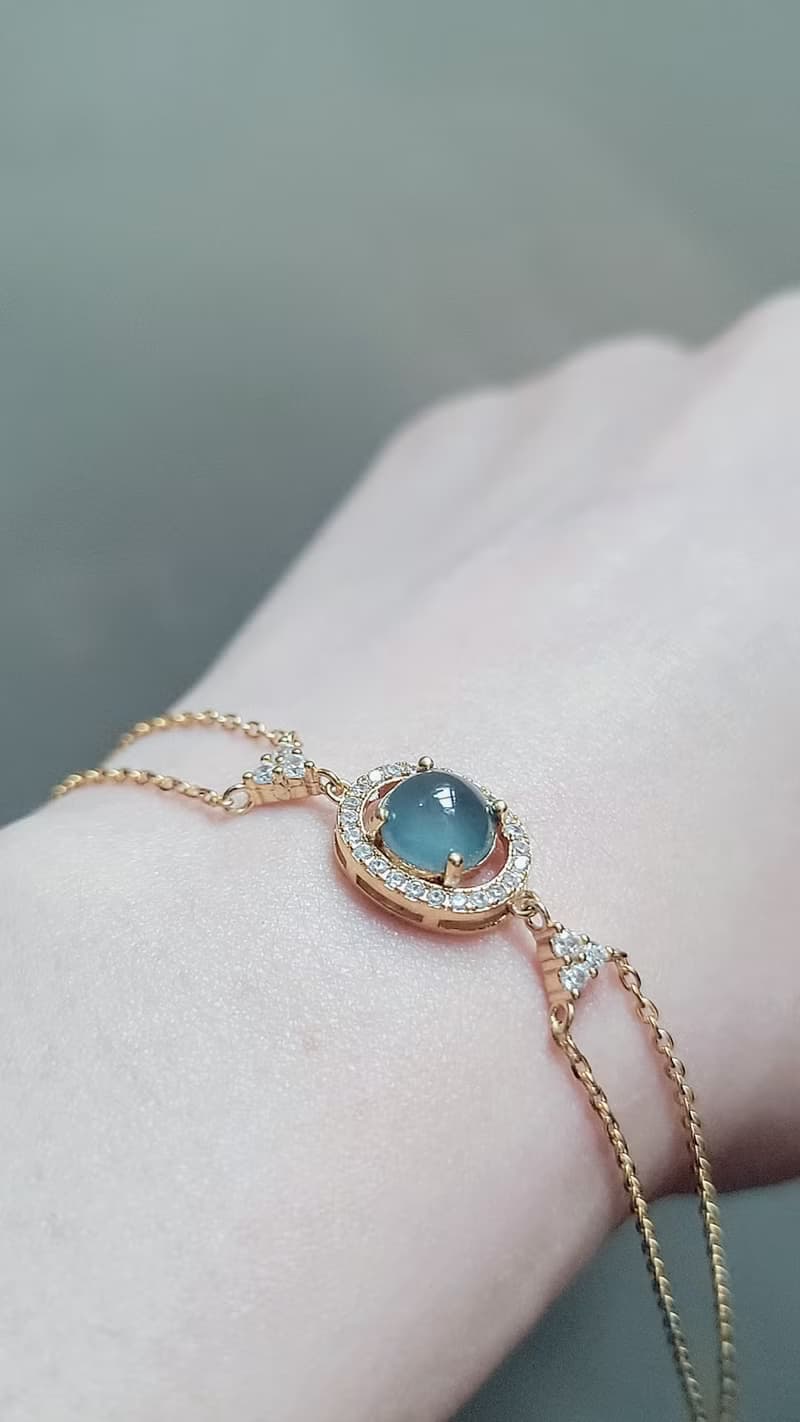 |招財女神鏈|A貨翡翠冰玻藍杠大蛋面7.8mm純銀鍍18k金色雙鏈手鏈