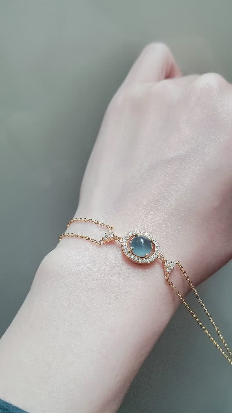 |招財女神鏈|A貨翡翠冰玻藍杠大蛋面7.8mm純銀鍍18k金色雙鏈手鏈