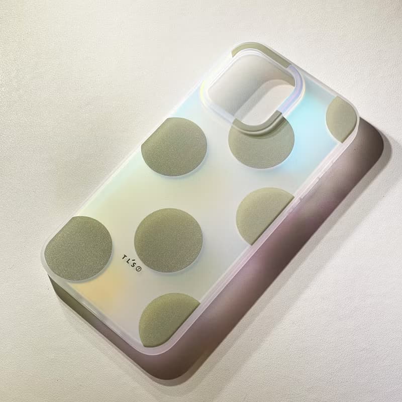 iPhone 16全包漸變幻彩 | 橄欖綠色圓波點圖案|透明防摔軟手機殼