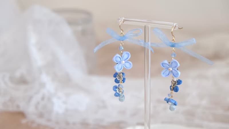 花蝴蝶結耳飾 細工花 布花 三色