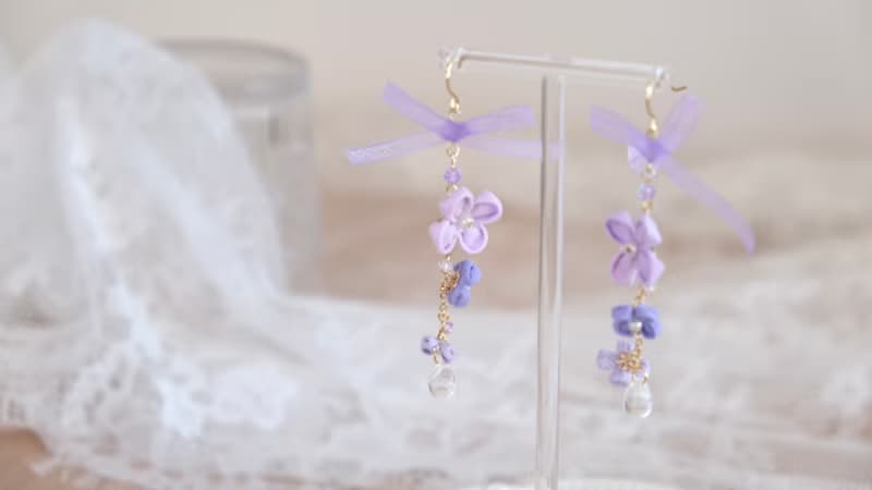 花蝴蝶結耳飾 細工花 布花 三色