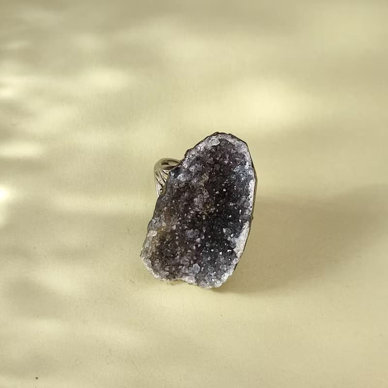 灰白水晶聚寶盆活口戒指 隨形原石標本 晶簇閃片手工指環 S925銀