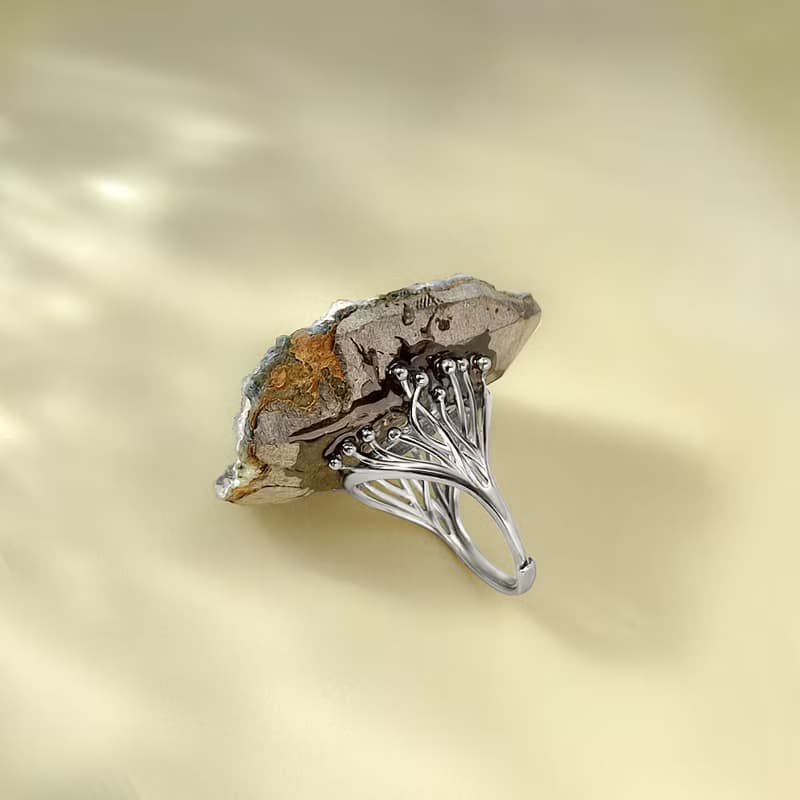 灰白水晶聚寶盆活口戒指 隨形原石標本 晶簇閃片手工指環 S925銀