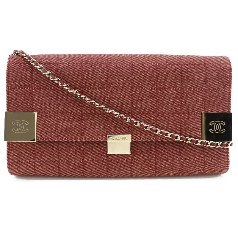 【日本直送】シャネル CHANEL チェーンショルダー ショルダーバッグ チョコバーライン コットンキャンバス 赤 レディース【中古】