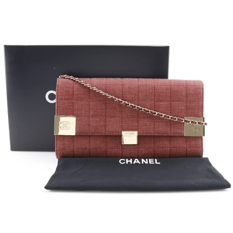 【日本直送】シャネル CHANEL チェーンショルダー ショルダーバッグ チョコバーライン コットンキャンバス 赤 レディース【中古】