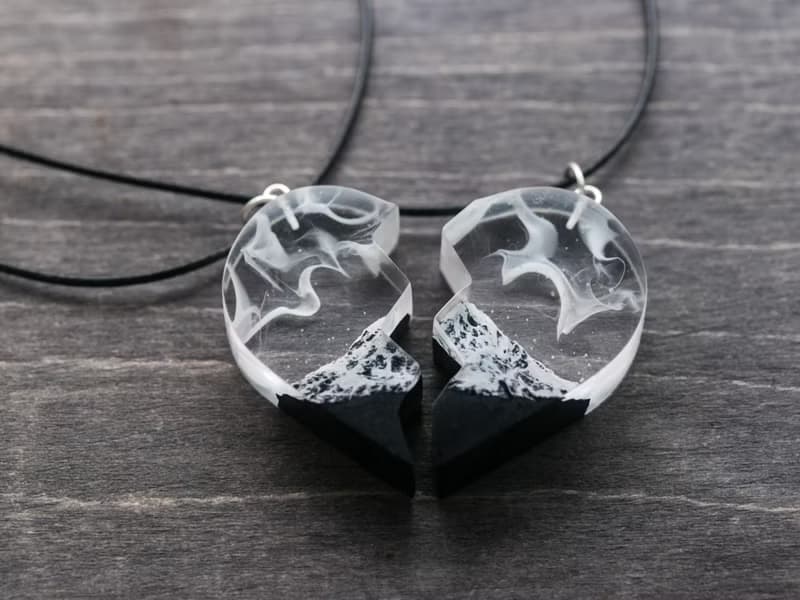 Matching necklaces wooden resin pendant Half Heart Black necklaces eco jewelry