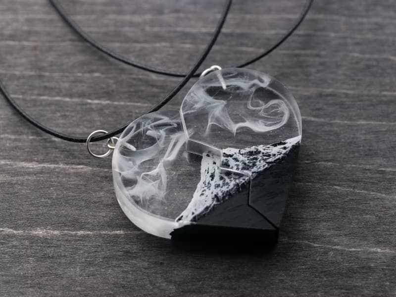 Matching necklaces wooden resin pendant Half Heart Black necklaces eco jewelry