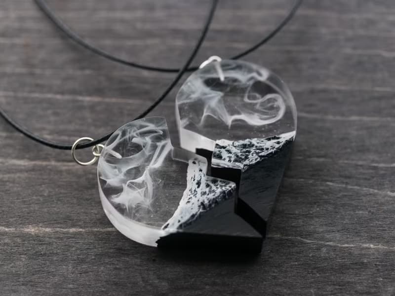Matching necklaces wooden resin pendant Half Heart Black necklaces eco jewelry